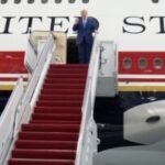 President Donald Trump unveils the new Air Force One, a converted Qatari jet