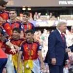 Trump celebrates the World Cup as a US victory as he presents trophy to the winner, Spain