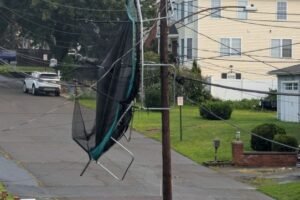 East Haven family's trampoline found tangled in power lines following storm
